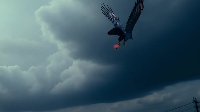 a bald eagle with the american flag on its wings flies over a destroyed city holding a red maple leaf in its talons which symbolizes the tension in relations between the usa and canada