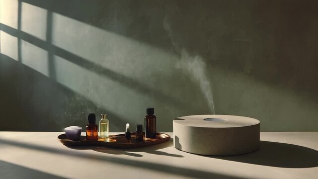 A serene scene of a diffuser releasing aromatic mist on a minimalist table showcasing bespoke scent design for modern interiors.