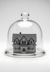 Model house under glass dome, symbolic protection, minimalistic background