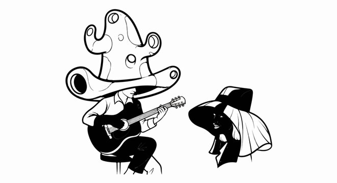 A stylized, whimsical figure plays guitar for a seated, enigmatic companion