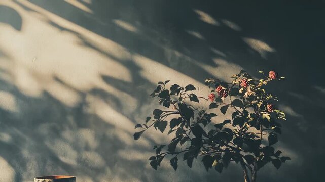 Green plant with small red berries standing on a rustic wooden table next to a handmade ceramic vase, receiving warm morning sunlight creating organic shadow patterns on the textured wall