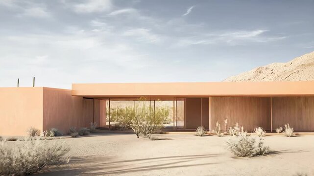 Striking minimalist desert home with flat roof and floor to ceiling glass, nestled among saguaros and drought tolerant plants, sunlit facade blending into arid landscape