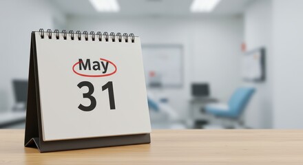 Flip calendar with May 31 date on reception. Blurred hospital background. World No Tobacco Day, Memorial Day, National Save Your Hearing Day, Necrotizing Fasciitis Awareness Day, World foster day