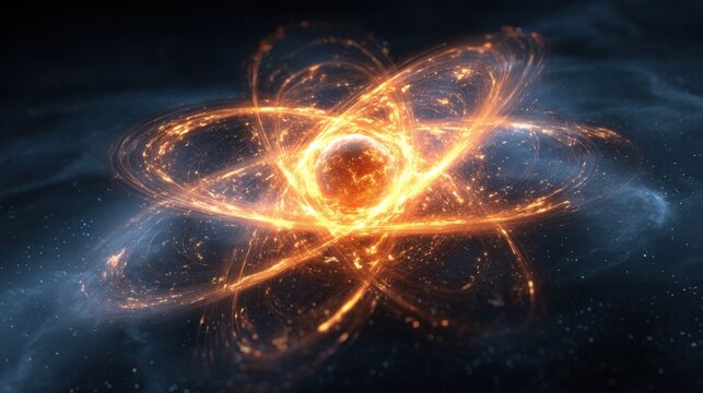 Glowing atomic structure with swirling electrons and fiery nucleus in space.