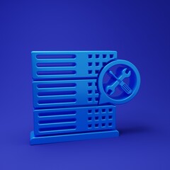 Blue Database server with screwdriver and wrench icon isolated on blue background. Adjusting,...