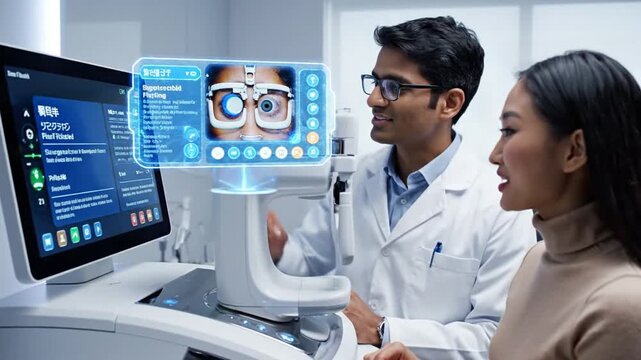 Ophthalmologist examining a patient s eye with advanced diagnostic technology in a modern medical clinic showcasing precision and innovation in eye care