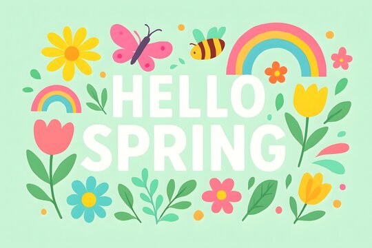 Hello spring floral background with flowers, rainbow, and butterfly in pastel green flat illustration style for seasonal greeting designs.