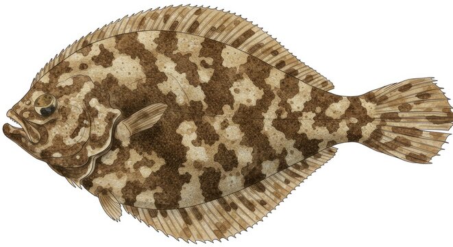 A brown and beige flatfish with a distinctive pattern, featuring spiky fins and a small mouth