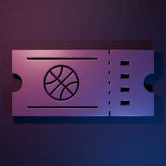 Purple Basketball game ticket icon isolated on purple-blue background. Minimalism concept. 3D render illustration