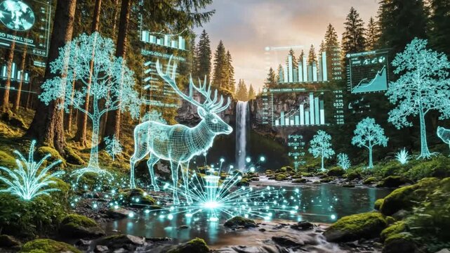 A serene forest scene with a glowing deer and digital trees by a tranquil stream at dusk from a high vantage point