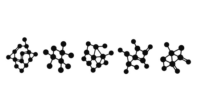 Vector illustration&nbsp;of set of five different carbon allotrope structures, molecular models, abstract chemistry icons on a transparent background