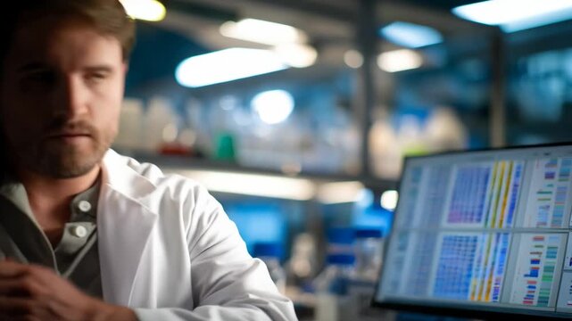 Scientist using advanced bioinformatics software to decode genomic sequences and interpret biological data on a digital screen.