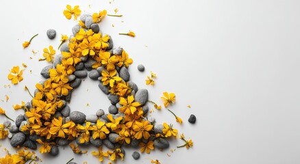 Obraz premium Vibrant Yellow Flowers Grey Pebbles Form a Natural Triangle on Clean White.