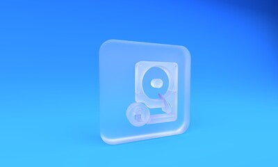Frosted glass Hard disk drive and lock icon isolated on blue background. HHD and padlock. Security, safety, protection concept. Square frosted glass button. 3D render illustration