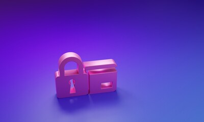 Pink Credit card with lock icon isolated on purple-blue background. Locked bank card. Security, safety, protection concept. Concept of a safe payment. Minimalism concept. 3D render illustration