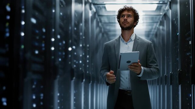 Medium shot of IT professional managing seamless data transfer to cloud storage ensuring secure and efficient migration of enterprise databases.