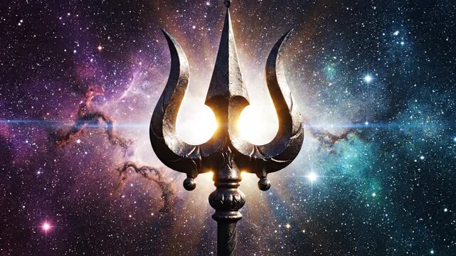 Glowing Hindu trident symbol amidst vibrant nebula in deep space