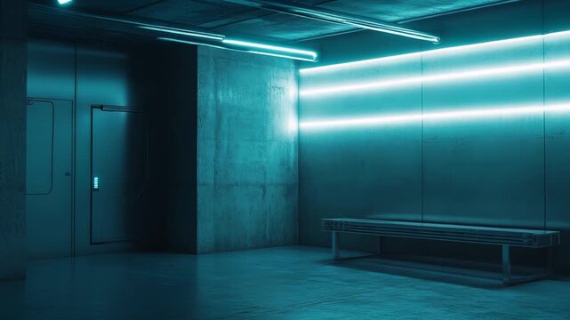 Empty futuristic room featuring a long metal bench and cool blue neon lighting creating a desolate, cyber themed, and industrial ambiance in an underground station environment