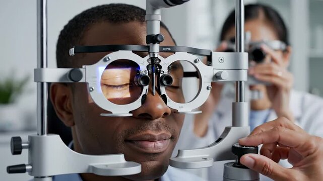 Optometrist performing a comprehensive eye exam on a young man using a phoropter to determine his prescription and assess visual acuity in a modern clinic setting