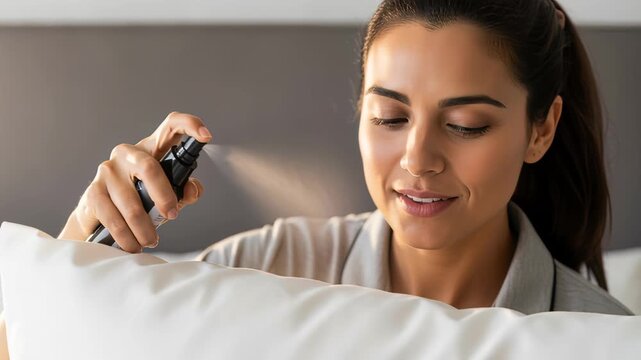 young woman using aromatic spray to freshen pillow in cozy home bedroom setting