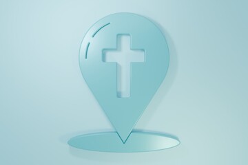 Obraz premium Blue Map pointer with christian cross icon isolated on blue background. Minimalism concept. 3D render illustration