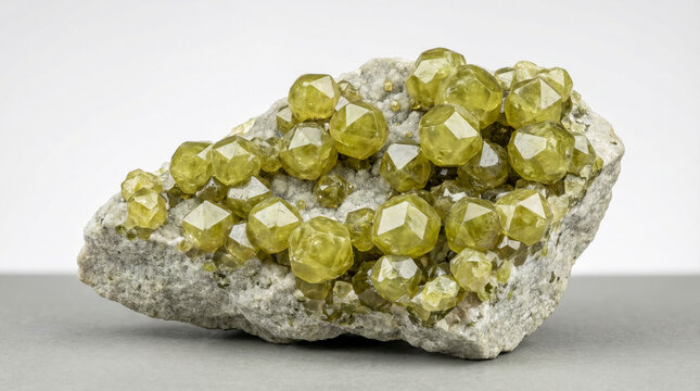 A collectible geological specimen of yellowish green dodecahedral grossular garnet crystals on a light gray limestone skarn rock matrix.