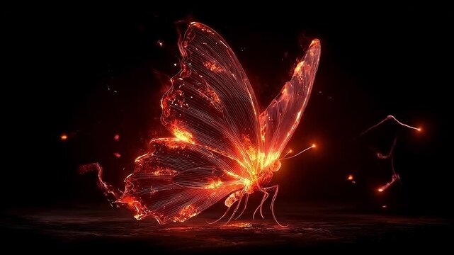 Glowing butterfly fiery wings fantasy insect digital art neon light dark background magical creature surreal nature burning effect luminous fire butterfly glowing insect fantasy creature burning