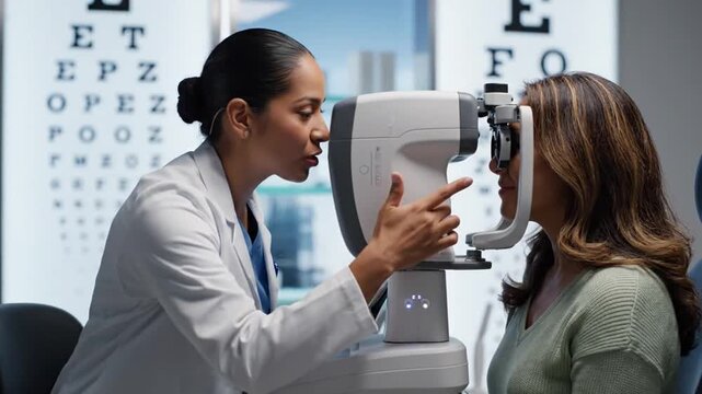 Optometrist Performs Automated Refraction Eye Exam on Patient in Modern Clinic - Healthcare Technology and Vision Care Stock Photo