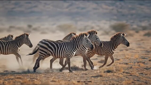 Zebra stampede: A mesmerizing visual of a herd of zebras running across the vast savanna, kicking up a cloud of dust under the warm sun, a symbol of freedom.