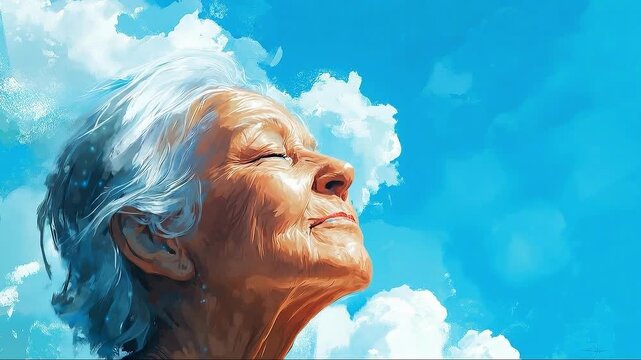 Elderly woman senior female face portrait with white hair and wrinkles blue sky and cloud warm sunlight peaceful expression smiling digital painting art of elderly senior woman enjoying bright sky