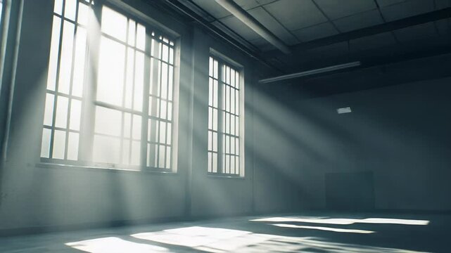 Sun rays illuminating dust particles in an empty industrial room, creating dramatic shadows on the floor and highlighting the large windows of the abandoned place