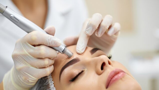 Close-up of a professional cosmetologist performing microneedling treatment on a young woman's forehead using a derma pen device in a bright clinic