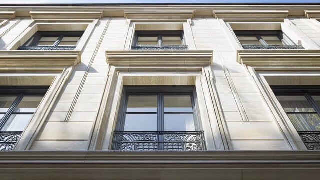 Upscale building facade featuring sophisticated window frames, intricate wrought iron balconies, and decorative stone details, reflecting timeless architectural design and urban luxury