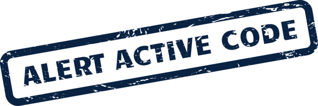 A distressed grunge stamp displays ALERT ACTIVE CODE within a textured rectangle, indicating system status or programming notification