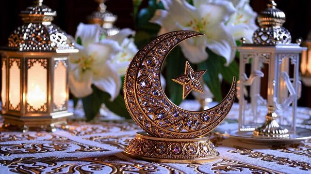 Luxurious Ramadan Event. Ornate Celebration With Shining Lights. Elegant Gathering Decorated With Candles And Flowers. Refined Ramadan Festival Illuminated By Ornate Lights And Floral Decor