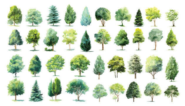 Green forest tree and bush, landscape elements set watercolor, isolated on transparent background