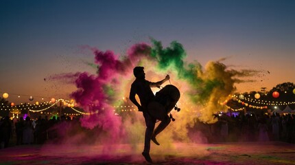 Man dancing with drum under colorful smoke at outdoor festival  Holi
