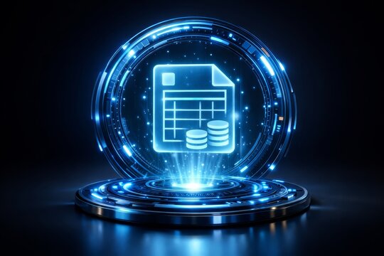 Futuristic holographic projection of a digital spreadsheet icon with stacked coin symbols hovering above a glowing circular platform, neon blue financial interface