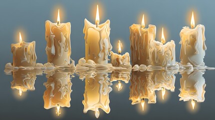 Intricately Detailed Vector Illustration Showing the Progressive Stages of Candle Burning and Wax Melting in a Serene Ambiance