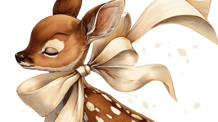 Enchanting Cartoon Illustration of a Tranquil Deer Adorned with an Oversized Cream Bow