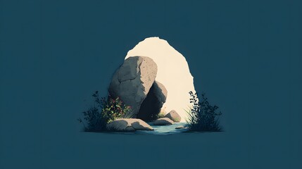 Minimalist Vector Illustration of a Cave Entrance with a Solitary Rock for Adventure-Themed Design