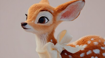 Delightful Animated Cartoon Deer with a Cream Bow and Graceful Gaze in Vivid Style