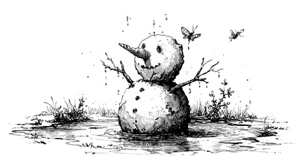 Vintage Hand-Sketched Illustration of a Melting Snowman Depicting Wistful Sadness Under Harsh Sunlight