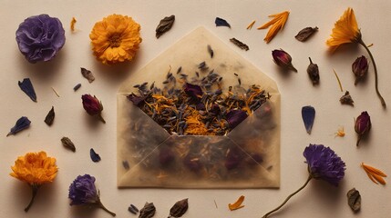 Elegant Still Life Composition Highlighting a Translucent Vellum Envelope with Dried Floral Petals for Potpourri and Herbal Tea Presentation