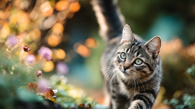 Detailed illustration of an enchanting tabby cat exhibiting playful curiosity and mischief in a vibrant sunlit garden scene with delicate fur and expressive eyes