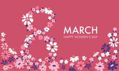 8 March. Women day, pink background with frame flowers.	
