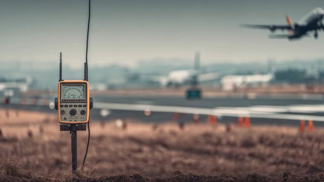 Medium shot of a sound level meter measuring noise pollution near a busy airport runway with planes taking off in the background.