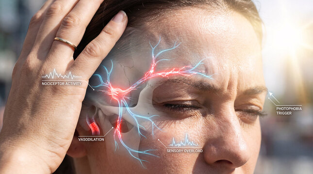 Migraine headache and photophobia concept with trigeminal nerve anatomy overlay on woman in pain.