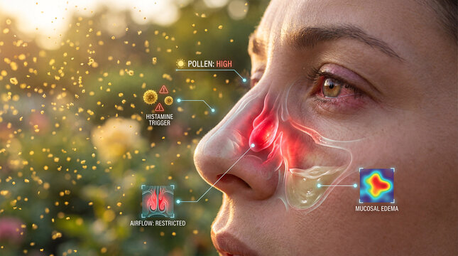 Seasonal allergies concept illustrating hay fever, pollen storm, and histamine reaction with nasal anatomy overlay.