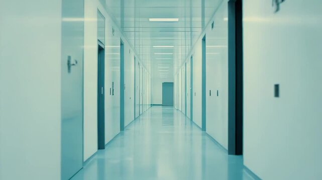 Empty long hallway converging towards a distant door, symbolizing cleanliness, research, and future technology within a modern institutional interior design